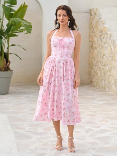 KUTUMAI Summer Floral Corset Midi Dress Halter Smocked Sundress Flowy A Line Beach Wedding Guest Dresses for Women 20252