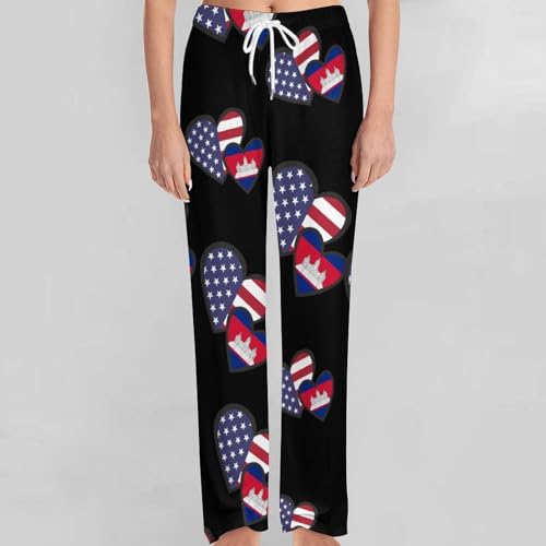 Interlocking Hearts U.S.A. Cambodia Flag Womens Mens Pajama Pants Lounge Sleep PJ Bottoms with Pockets4