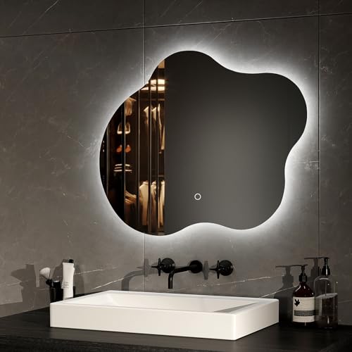 EMKE Specchio da bagno con luci a LED, 500 x 600 mm, forma irregolare, illuminato, senza cornice, specchio per il trucco retroilluminato, con funzione di oscuramento, 3 colori, funzione memoria,