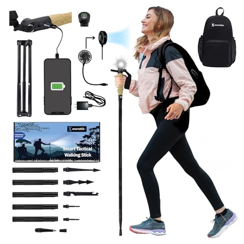 SmartstickX Collapsible Tactical Walking Stick with LED Light, USB Charging, Cork Grip, and Survival Tools – Aircraft Aluminum Trekking Pole for Hiking, Camping, Outdoors & Self Defense