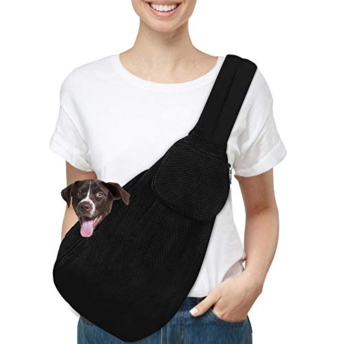 Dog Padded Papoose Sling, Small Pet Sling Carrier Hands Free Carry Adjustable Shoulder Strap Reversible Tote Bag with a Pocket Safety Belt Dog Cat Traveling Subway (5-12lbs, Mesh Fabric-Black) Dog Padded Papoose Sling, Small Pet Sling Carrier Hands Free Carry Adjustable Shoulder Strap Reversible Tote Bag with a Pocket Safety Belt Dog Cat Traveling Subway (5-12lbs, Mesh Fabric-Black)