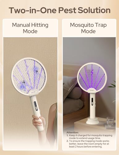Image of CostarMatter Mosquito Killer Racket, Foldable Mosquito Bat with UV Light, 3400V, 2 in 1 Auto Mosquito Killer with Charging Base Stand, Electric Fly Swatter, Lithium-ion Battery, Beige