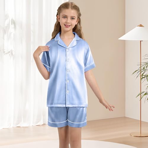 Weixinbuy Girls Pajamas Set Button Down Short Sleeve Pjs Satin Pajamas Sleepwear Lounge Set 3Pcs Pjs for Teen Kids Girls Boys4
