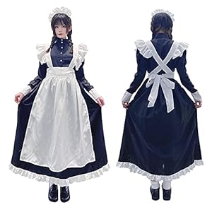 [IRIWA] 英国風 メイド服 ロング 黒白 ワンピース ハロウィン コスプレ衣装4点セット クラシカル 長袖 女性 男性用 大きいサイズ メイド コスチューム (ワンピース エプロン カチューシャ グローブ) (XL サイズ)