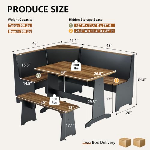 3-Piece Corner Dining Set with Hidden Storage, Black Oak