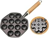 Poixmoc たこ焼き器 南部鉄器 軽量 無塗装 多孔質 各種熱源対応 キャンプ 朝食 おやつ 串焼き グリル 小鉢用 (木底が平らな12穴タコ柄)