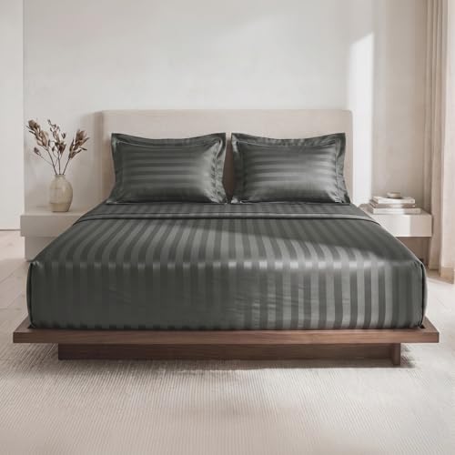Image of LANE LINEN 100% Cotton Super King Elastic Fitted Bedsheet with 2 Pillow Cases | Damask Stripe 3pc Bedding Set- 1.83M x 1.98M + 30cm Deep Pocket | Breathable Fabric | Oeko-TEX Certified - Charcoal