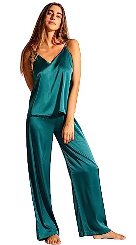 Laura in - Set di Abbigliamento Donna 2 Pezzi Pigiami di Seta Raso Tinta Unita Top con Bretelle e Pantaloni Lunghi-1603VerdeM