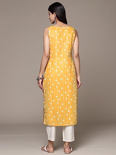 Image of ishin Women's Silk Ethnic Motifs Mustard Straight Kurta