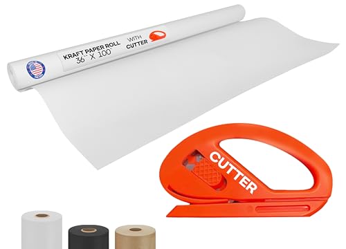 Image of White Kraft Paper Roll 36 inch x 1200 inch (100 feet) with Cutter - USA-Made | Quality Paper 50lb Thickness for Wrapping, Packing, Moving, Shipping, & Crafts /Arts - Natural Kraft Material by IDL Packaging