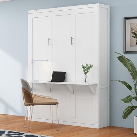 SOFTSEA Full Size Murphy Bed with Desk Combo, 61.5 inch Murphy Bed Frame, Wood Cabinet Murphy Bed Foldable Bed for Guest Room Study Room Bedroom Apartment, Home Office Murphy Bed, White Cover