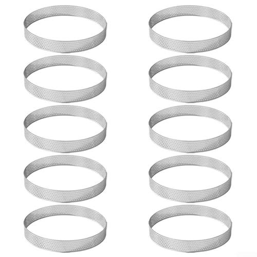 Honseadek Juego de 10 moldes de acero inoxidable perforados para tartas de 5 a 8 cm para tartas de mousse, postres individuales, distribución uniforme del calor, aptos para horno (6 cm)