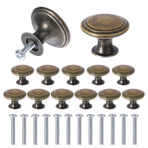 JIYIN 12 Stück Antike bronzefarbene Schrankknöpfe, Vintage Schrankgriffe Vintage Runde Schubladengriff Bronze Schranktürknöpfe mit 12 Schrauben Schubladenknöpfe Set für Schrank Schublade(Bronze)