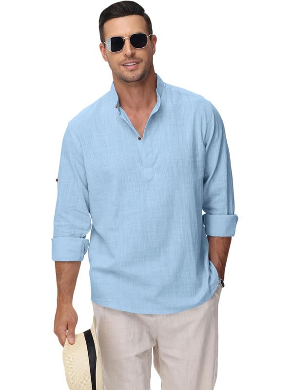 Image of Macsivo Men's Cotton Blend Solid Short Kurta with Regular Lenth Mandarin Collar Short Button Placket Rolled up and Full Sleeves Kurta for Men