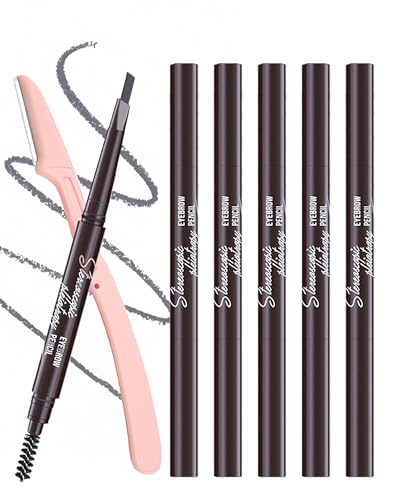 Berinist Waterproof Eye Brow Pencils for Women 6Pcs Double-ended Grey Eyebrow Pencil with Razor Kit Triangular Tip Design Makes it Easier to Define and Fill in Brows for a Natural Look