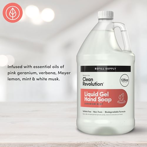 Image of Clean Revolution Liquid Gel Hand Soap Refill with Real Essential Oils - Sulfate-Free Gel Hand Wash, Moisturizing Bulk Refill, Non-Toxic Formula, Made in the USA (Geranium Mint) 128 Fl Oz