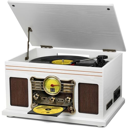 Image of FEKTIK Bluetooth Record Player 10 in 1,FEKTIK 3-Speed Turntable for Vinyl with Speakers, LP to MP3 Converter, CD, Cassette Player, FM Radio, Wireless Streaming | White