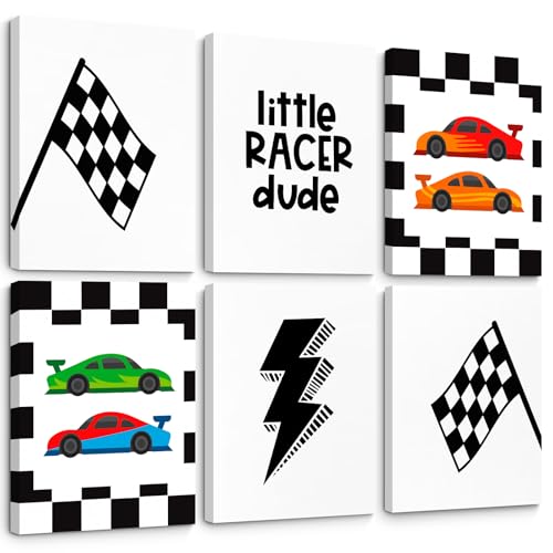 Image of Race Car Wall Art Pictures Boys Room Wall Decor Nursery Toddler Canvas Wall Art Kids Playroom Art Prints Boys Race Car Poster Nursery Artwork Set of 6 for Bedroom 8x10 Inch Framed