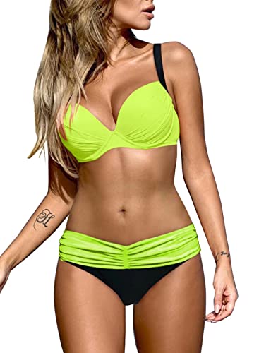 EVALESS Sexy Bathing Suit for Women Two Piece Push Up Padded High Cut Bikini Adjustable Spaghetti Straps Criss Cross Back Swimsuit Swimwear Yellow Medium