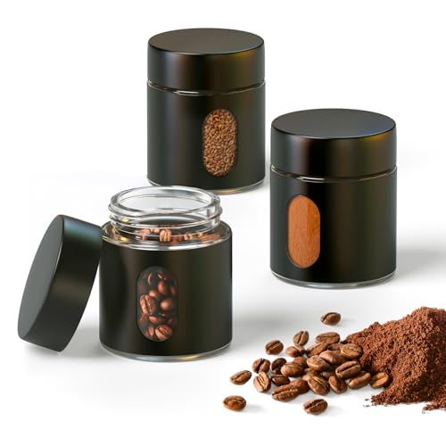 Enfmay Bote Hermetico Cafe, Bote Cafe de Vidrio, Recipiente para Granos de Café con Ventana Transparente, Adecuado para Granos de Café, Té, Nueces, Cacao, Mantener Fresco, 3 Pcs, Negro
