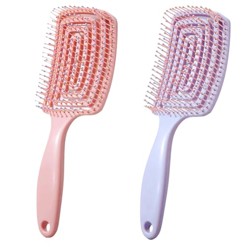 Pack of 2 Detangle Hair Brush, Curved Vent Brush & Hair Detangler, Easy Detangling Vented Hairs Styling Comb Salon for all Hair Types, Styling Hairs Brushs for Women & Men(Pink + Purple)