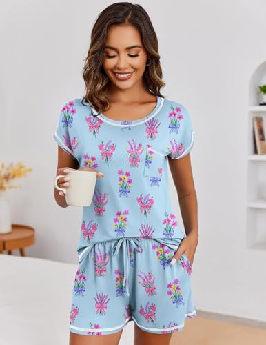 Image of Ekouaer Womens Pajama Sets 2 Piece Soft Short Sleeve Top and Shorts Sleepwear Round Neck Pjs Lounge Set with Pockets