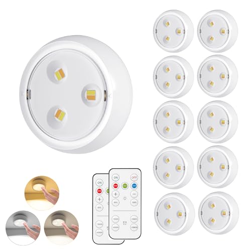 YLXS 10 Pack LED Puck Light with Remote, 3 Color Battery Operated Dimmable Push Tap Light, Portable Under Cabinet Lighting Stick On, for Closet Kitchen
