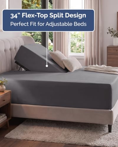 Image of Extra Deep Flex Top Split Head King Fitted Sheet - Hotel Luxury Single Fitted Sheet Only - Easily Fits 18 inch to 24 inch Mattress - Ultra Soft, Wrinkle Free w /Extra Deep Pockets - Dark Grey