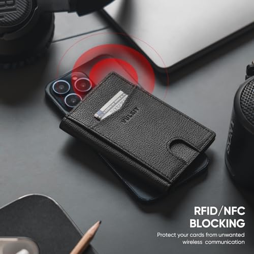 Image of VULKIT Bifold Front Pocket Slim Wallet RFID Blocking Minimalist Thin Genuine Leather Credit Card Holder Wallet for Men and Women Litchi Black