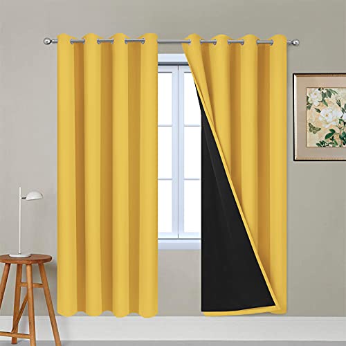 Image of Yakamok Mustard Yellow Blackout Curtains Panels 72 Inches Long, 52 inch Wide | Blackout Curtain Panels for Bedroom, 2 Thick Layers Grommet Top Thermal Insulated Drapes with Black Liner for Living Room