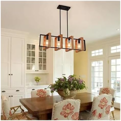 Miniatura 4 de Lámpara colgante industrial de 4 cabezales, luz de mesa de estilo americano retro con madera maciza y hierro, perfecta para decoración de comedor y