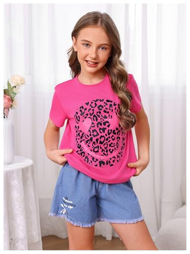 Image of WDIRARA Girl's Leopard Graphic T Shirt Crew Neck Short Sleeve Tee Shirts Cute Tops