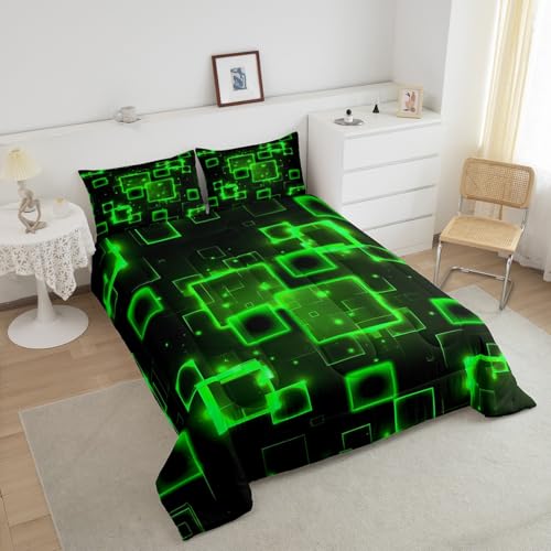 Image of Feelyou Geometric Green Black Comforter Set King Size, Kids Light Honeycomb Bedding Set Geometrics Comforter Abstract Duvet Insert Bed Set 3Pcs