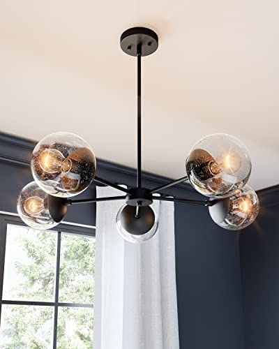 Design House 588772-Blk Gracelyn Modern 5-Light Indoor Dimmable Chandelier With Clear Seedy Glass Globe Shades For Kitchen Island Bar Bedroom, Matte Black #TOP2
