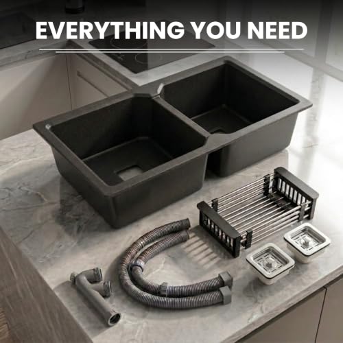 Image of GLOXY Premium Quartz Granite Double Bowl Kitchen Sink 45x20x9 Inch - Black Matte Finish Double Bowl Quartz Sink With Drainer Basket, Coupling Hose Pipe - Scratch Resistant Undermount & Topmount Sink