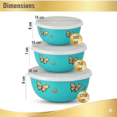 Image of Zaib Microwave Safe Stainless Steel Food Storage Containers with Lid | Pack of 3 | Sizes 12 cm, 14 cm, 16 cm | Capacity 500 ml, 750 ml, 1250 ml | Snap Fit Lid (Green Butterfly 3)
