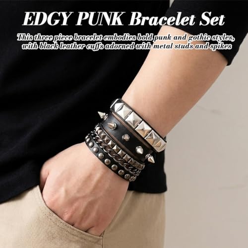 Image of GUSTAVE Bracelet for Man Punk Rock Studded Bracelets Black Leather Cuff Bracelet for Men Women Adjustable Goth Bracelets 80s Retro Style Wristband Halloween Party Accessories