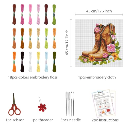 Image of FREEBLOSS DIY Cross Stitch Wall Hanging Kit Boots Full of Flowers Stamped Cross Stitch Wall Painting Retro Style Cross Stitch Home Wall Art Cross Stitch Starter Kit for Beginners with Instruction