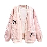 Women's Cute Cable Knit Cardigans,Long Sleeve Button Up Sweater Kawaii Cardigan Coat Outwear with Pinned Bowkno (US, Alpha, One Size, Regular, Regular, Pink)