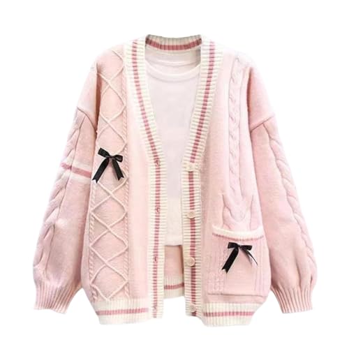 Image of Women's Cute Cable Knit Cardigans,Long Sleeve Button Up Sweater Kawaii Cardigan Coat Outwear with Pinned Bowkno