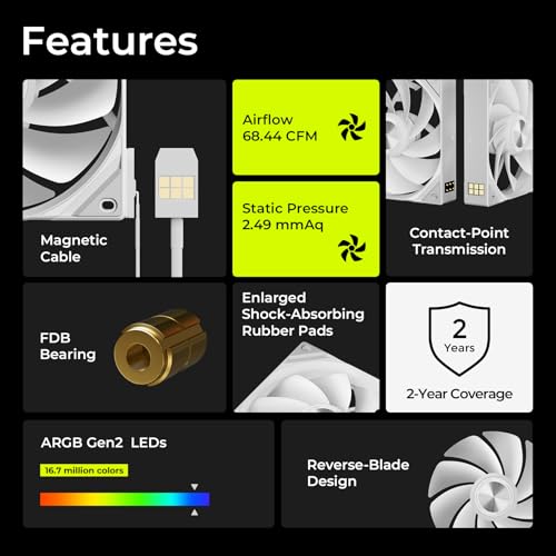 Image of Tryx 120mm Case Fan Reverse Blade ARGB PC Computer Quiet Fan 3in1 Cooler, Upgraded Pogo-Pin Connection with Magnetic Cable,ARGB Gen2 LEDs,New Version ROTA SL,White
