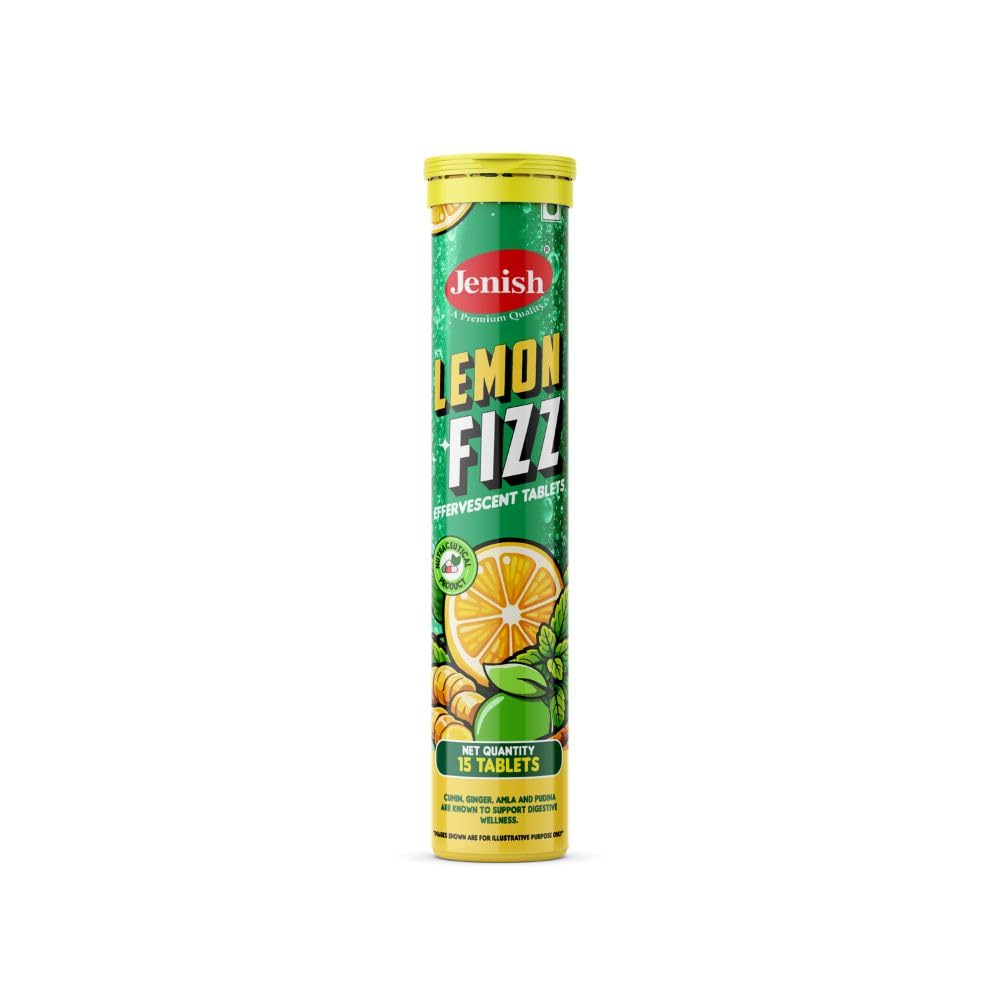 JENISH Jenish Lemon Fizz Effervescent Tablets | Refreshing Lemons Drink with Digestive Spices | No Added Sugar | No Preservatives I 15 Effervescent Tablets (Pack Of - 01)