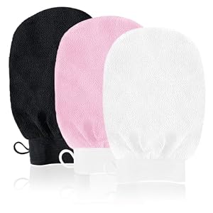URAQT Exfoliating Gloves, 3 Pack Body Scrub Glove Bath SPA Exfoliating Mitts, Dual-Sided Deep Clean Exfoliation Scrubbing Mitt, Dead Skin Remover Glove Deep Body Scrubber（White+Pink+Black）