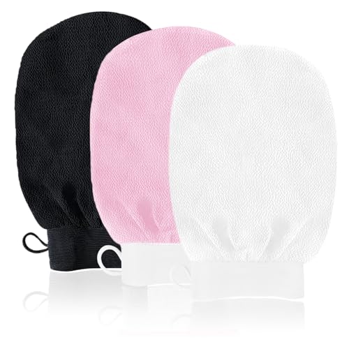 URAQT Peelinghandschuh, 3 Stück Exfoliating Gloves, Peelinghandschuh Körper, Hamam handschuh für Körper und Gesich (Schwarz＋Weiß＋Rosa)