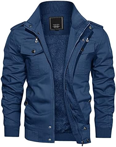 CRYSULLY Men's Multi Pocket Cargo Tactical Safari Jacket Winter Cotton Field Fleece Jacket Denim Blue