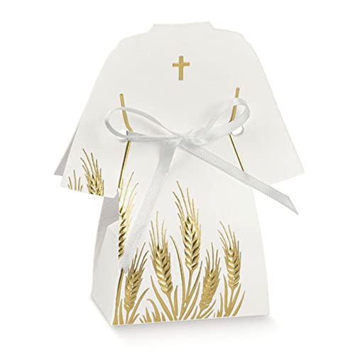 Ingrosso e Risparmio Kit de 12 boîtes à dragées en forme de Tunique avec épis de blé et croix Doré - confittées Communion Originales