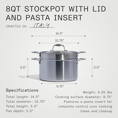 Made In Cookware - 8 Quart Stainless Steel Stock Pot With Lid and Pasta Insert - 5 Ply Stainless Clad - Professional Cookware - Crafted in Italy - Induction Compatible - Image 6
