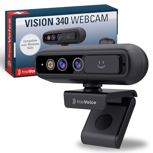 freeVoice Vision 340 Webcam I pour visioconférences I Webcam USB avec autofocus & résolution 2K & Champ de Vision de 92° I Compatible avec Windows Hello I avec Microphone & Cache-Objectif