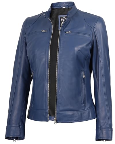 Decrum Blue Leather Jacket Women - Real Leather Racer Jackets Womens | [1319306] Ddge Women Blue RL, XXL
