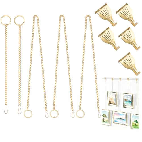 Image of Picture Hanging Kit, 5Pcs Rail Hooks with 5Pcs Chains, Picture Display Hanging System in Two Sizes for Wall Pictures, Exhibition(Gold, 30CM & 60CM)